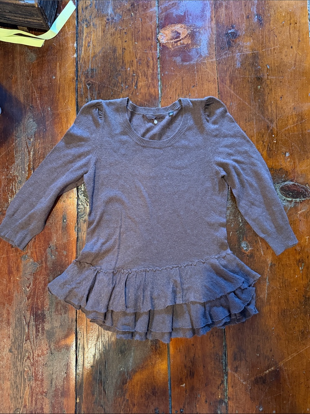 Anthropologie Brown Ruffle-Hem Knit Sweater